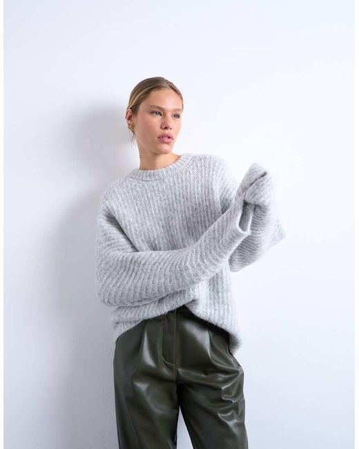 TOPSHOP Gray Oversized Rib Knit Balloon Sleeve Sweater
