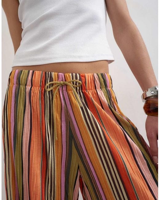 TOPSHOP Brown Stripe Crinkle Tie Waist Wide Leg Trousers