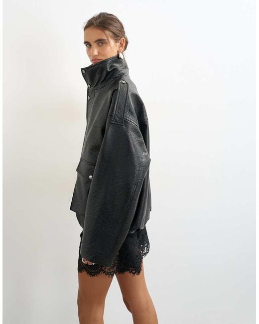 TOPSHOP Gray Faux Leather Funnel Neck Drawstring Bomber Jacket