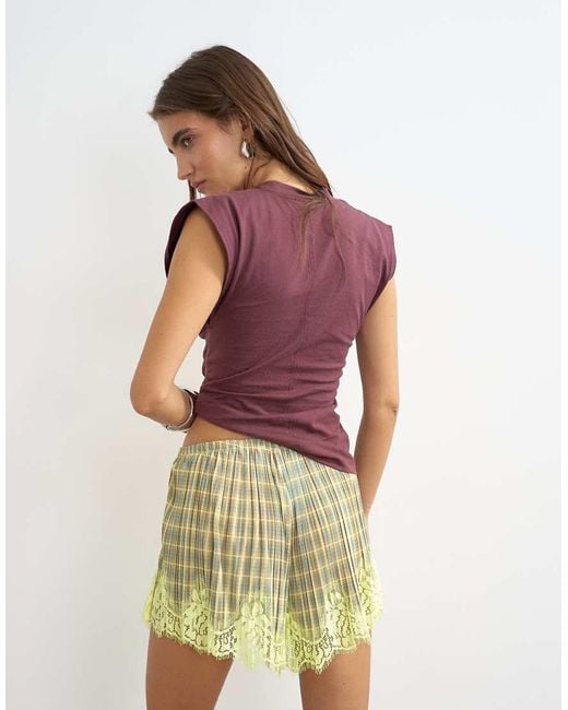 TOPSHOP Multicolor Check Print Lace Trim Shorts
