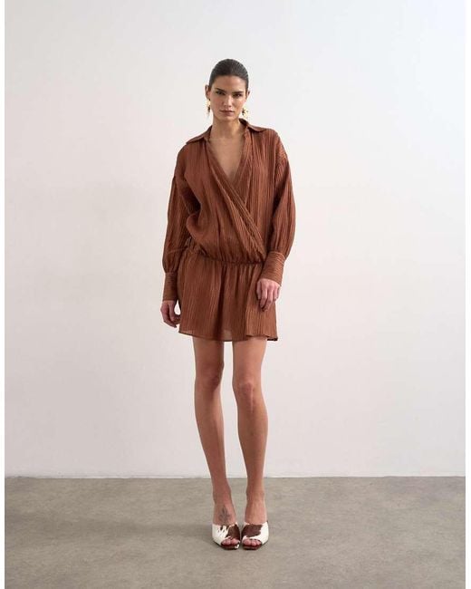 TOPSHOP Brown Dropped Waist Wrap Shirt Dress