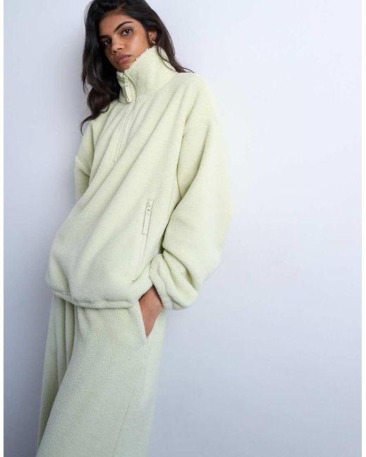 TOPSHOP White Teddy Fleece Funnel Quarter Zip Sweatshirt