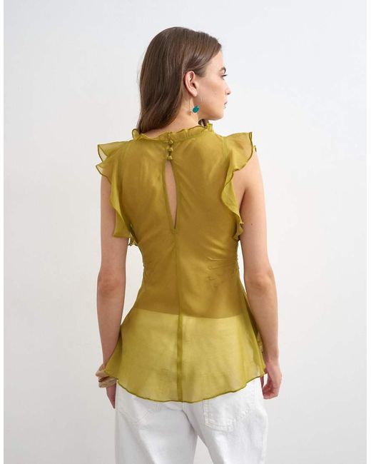 TOPSHOP Metallic Soft V Neck Ruffle Sleeve Tea Blouse