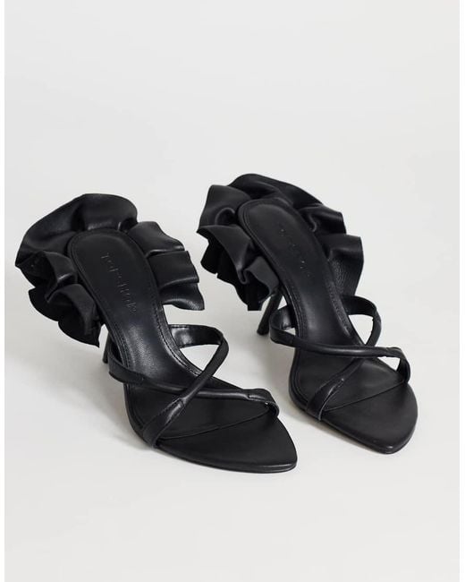 TOPSHOP Black Ophelia Real Leather High Heeled Sandal With Ruffle