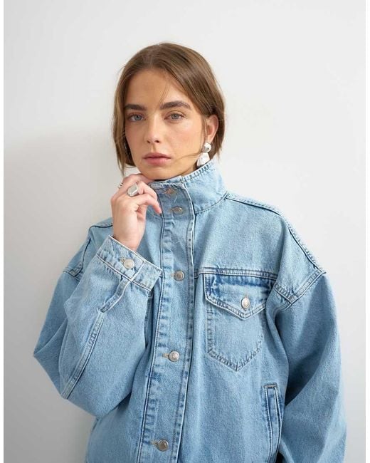 TOPSHOP Blue Denim Funnel Neck Elastic Hem Detail Jacket