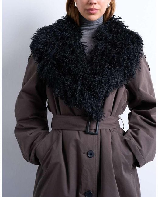 TOPSHOP Brown Faux Fur Collar Belted Mac