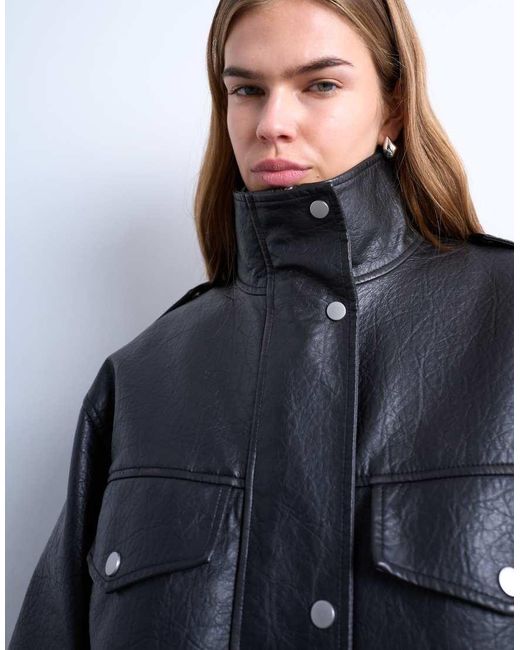 TOPSHOP Blue Leather Look Oversized Funnel Neck Zip Through Jacket