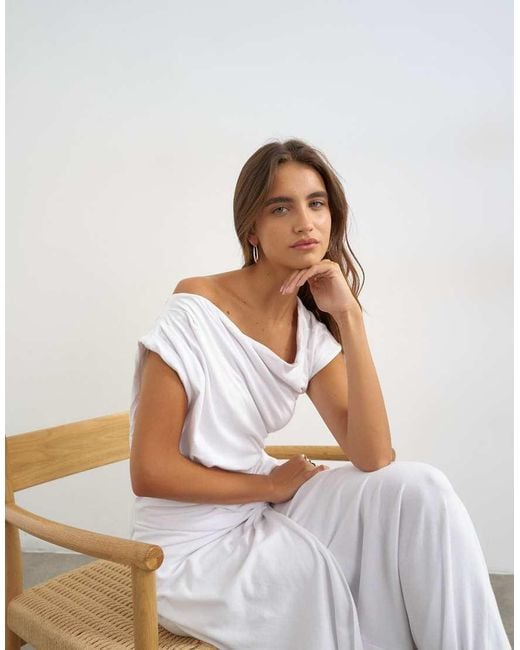 TOPSHOP White Premium Cotton Rich Jersey Draped Asymmetric Maxi Dress