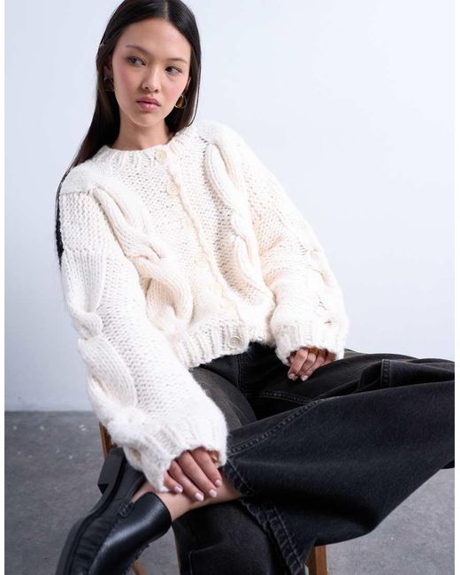 TOPSHOP White Knitted Premium Chunky Cable Colour Block Cardigan