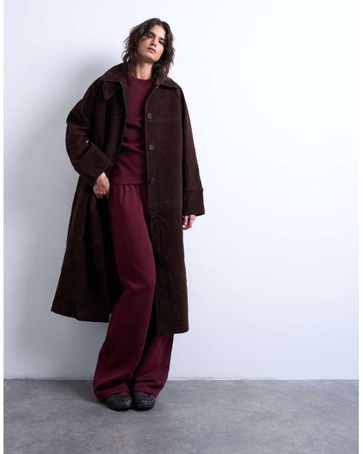 TOPSHOP Brown Faux Suede Funnel Long Car Coat With Neck Tab