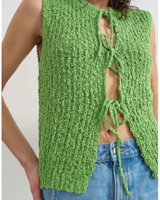 TOPSHOP Green Knitted Textured Tie Front Waistcoat