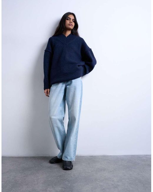 TOPSHOP Blue Knitted High V-Neck Oversized Longline Jumper