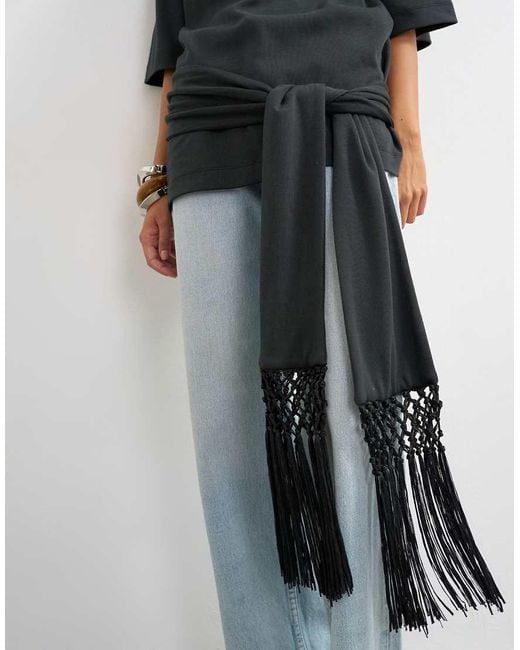 TOPSHOP Black Premium Fringe Tie Detail Tee