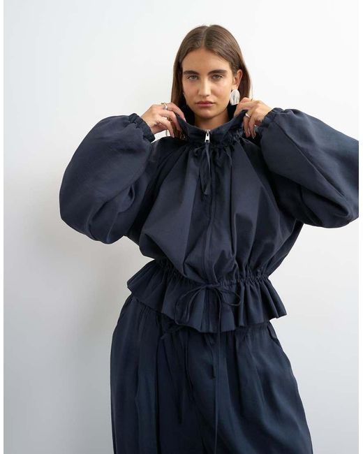 TOPSHOP Blue Co Ord Funnel Neck Jacket With Tie Waist