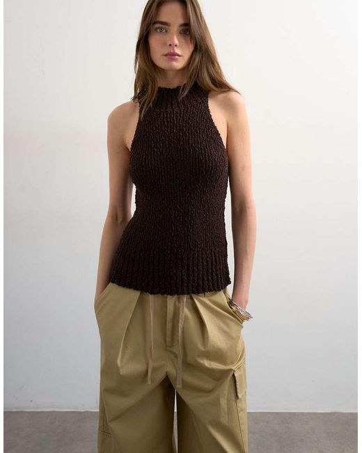 TOPSHOP Brown Knitted Sleeveless Textured Grown Singlet