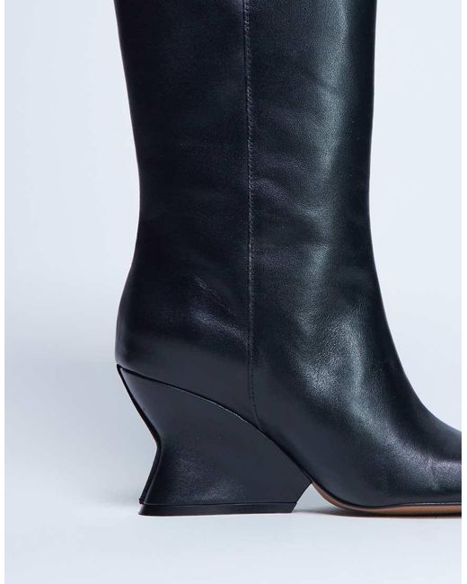 TOPSHOP Blue Selma Premium Leather Knee High Wedge Boot