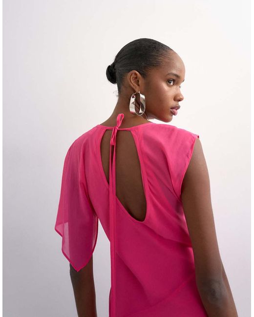 TOPSHOP Pink Asymmetric Flutter Sleeve Maxi Dress With Seaming
