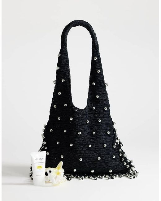 TOPSHOP Black Molly Medium Woven Beaded Bag