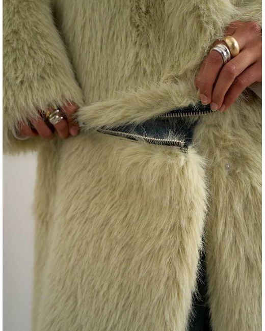TOPSHOP Green Faux Fur Funnel Neck Detachable Length Coat