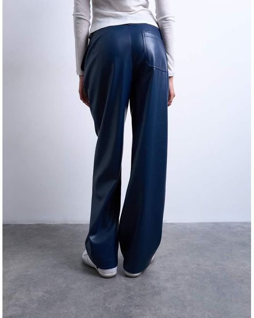 TOPSHOP Blue Faux Leather High Waist Pleated Straight Leg Trouser