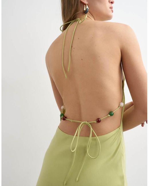 TOPSHOP Green Satin Halter Neck Maxi Dress Beaded Back Detail