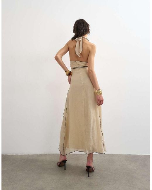 TOPSHOP Natural Tie Waist Halter Neck Maxi Dress With Contrast Trim