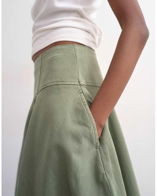 TOPSHOP Green Denim Seamed Barrel Maxi Skirt
