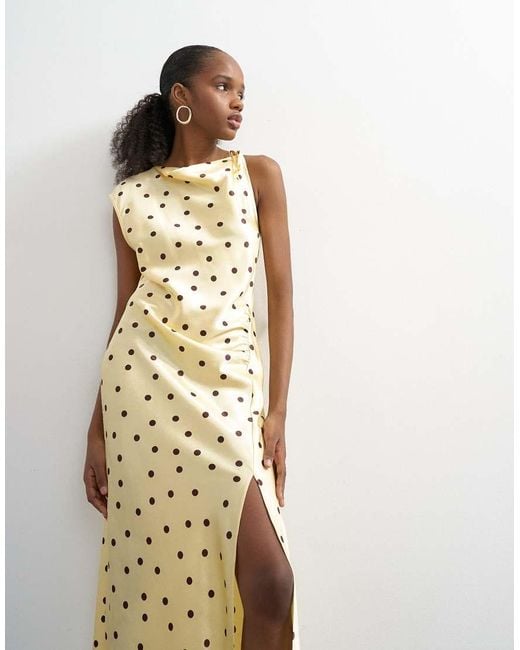 TOPSHOP Natural Satin Polka Dot Ruched Tie Shoulder Maxi Dress