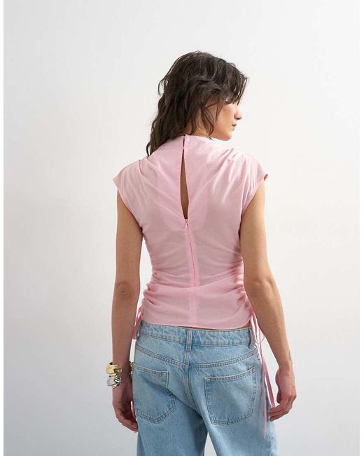 TOPSHOP Pink Ruched Side Cap Sleeve Top