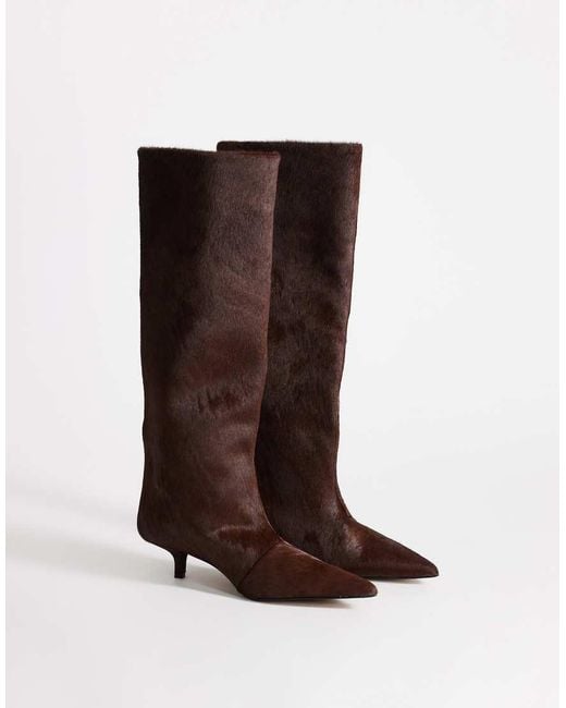 TOPSHOP Brown Tina Hair-on Real Leather Kitten Heel Knee Boots
