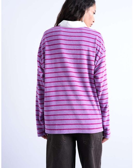 TOPSHOP Purple Towelling Stripe Oversized Long Sleeve Polo