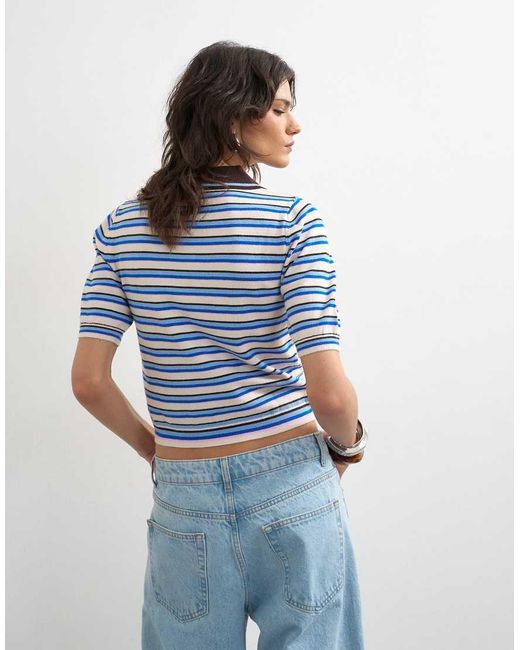 TOPSHOP Blue Knitted Short Sleeve Fitted Stripe Polo Top