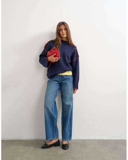 TOPSHOP Blue Knitted Roll Edge Blanket Stitch Jumper