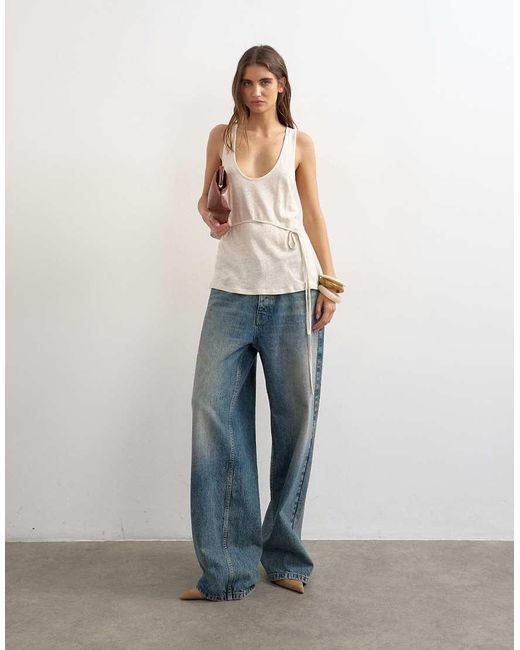 TOPSHOP Natural Scoop Neck Ruched Side Linen Look Top