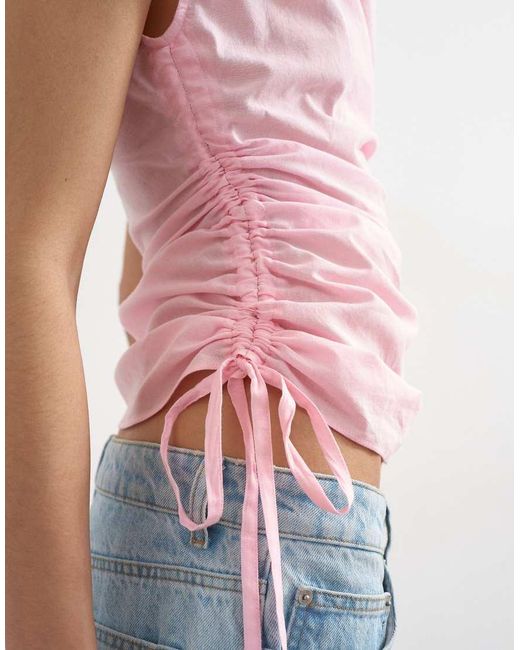 TOPSHOP Pink Ruched Side Cap Sleeve Top