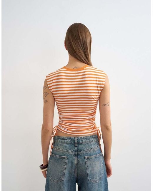 TOPSHOP Brown Stripe Ruched Drawcord Tank