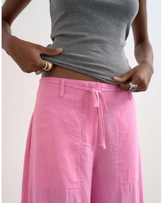 TOPSHOP Pink Linen Clean Tie Waist Barrel Trouser