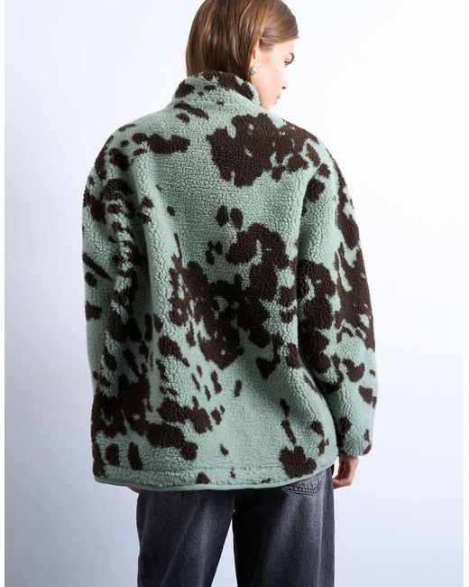 TOPSHOP Black Brown And Teal Cow Print Borg Fleece Jacket With Contrast Teal Binding