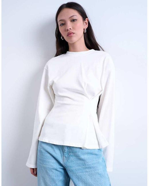 TOPSHOP White Cinch Waist Structured Long Sleeve Tee