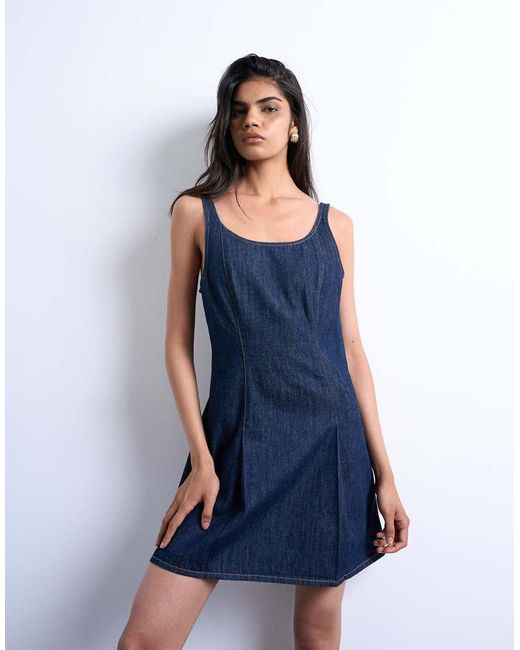 TOPSHOP Blue Denim Pleat Detail Mini Dress