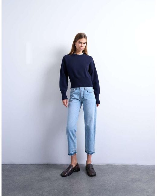 TOPSHOP Blue Runway Mid Rise Straight Cropped Jean With Let Down Hem Detail
