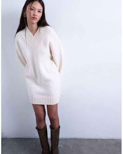 TOPSHOP White Knitted High V-neck Mini Oversized Jumper Dress