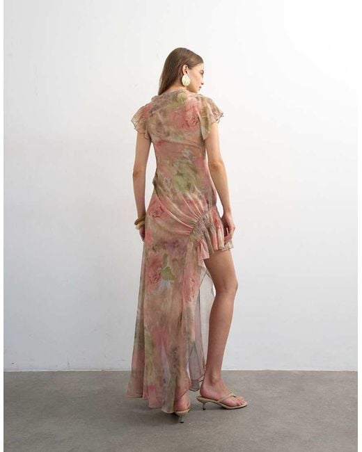 TOPSHOP Pink Premium Chiffon High Low Maxi Dress With Smocking Detail