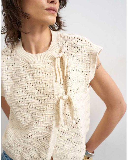 TOPSHOP Blue Knitted Sleeveless Mandarin Collar Front Tie Wrap Tank