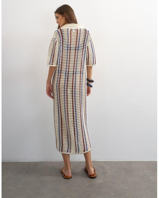 TOPSHOP White Knit Polo Striped Open Stitch Midi Dress