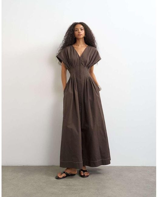 TOPSHOP Brown exaggerated Shoulder Dress With Cinched Pintuck Waist
