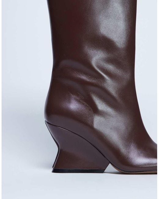 TOPSHOP Brown Selma Premium Leather Knee High Wedge Boot