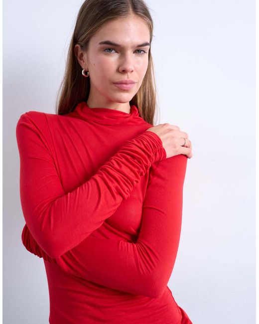 TOPSHOP Red High Neck Viscose Long Sleeve Top