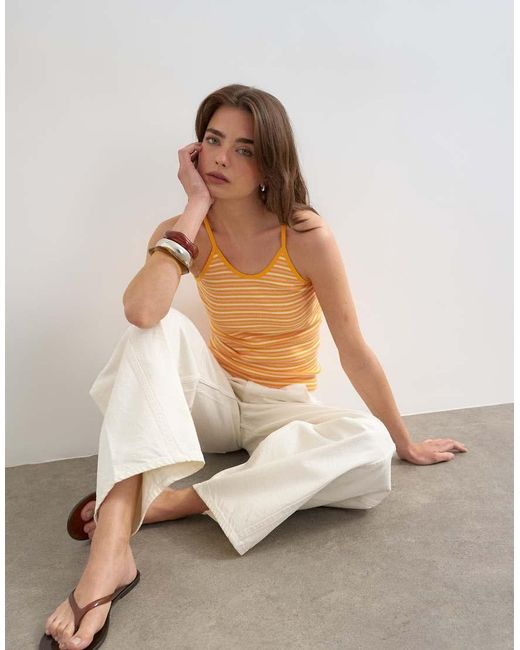 TOPSHOP Natural Stripe Rib Spaghetti Strap Curve Hem Vest