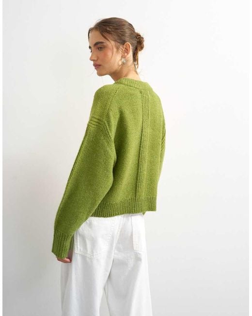 TOPSHOP Green Knitted Boxy Pointelle Deep Rib Cardigan